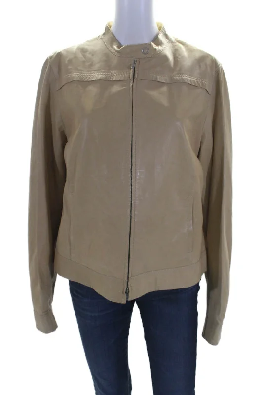 Faconnable Womens Leather Full Zipper Jacket Camel Beige