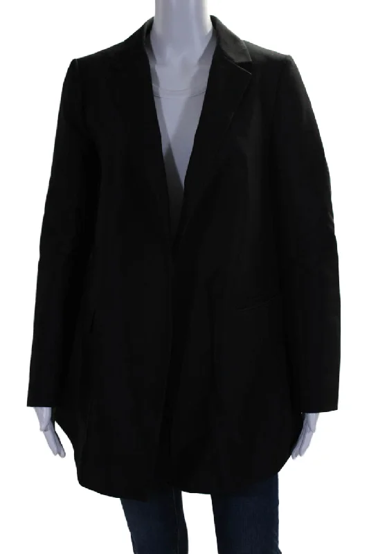 Jil Sander Womens Open Front Notched Lapel Woven Blazer Jacket Black Wool FR 36