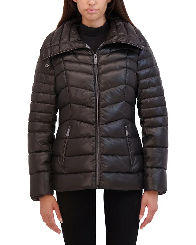 Kenneth Cole Chevron Quilted Cire Puffer Coat