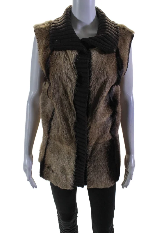 Lafayette 148 New York Womens Button Front Ribbed Trim Fur Vest Jacket Brown XL