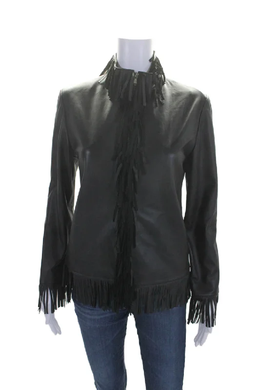 Natto Women's Round Neck Leather Fringe Full Zip Jacket Black