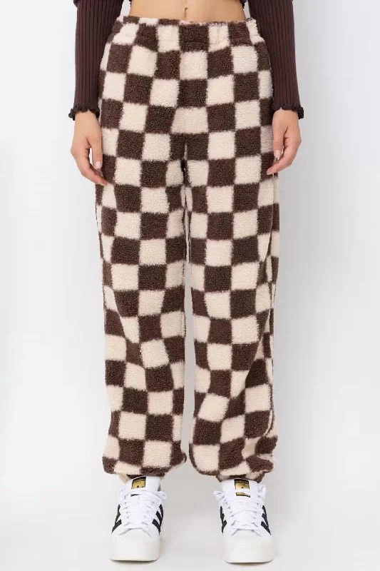 Savings Spectacular Checkered Print Teddy Joggers In Cream And Brown