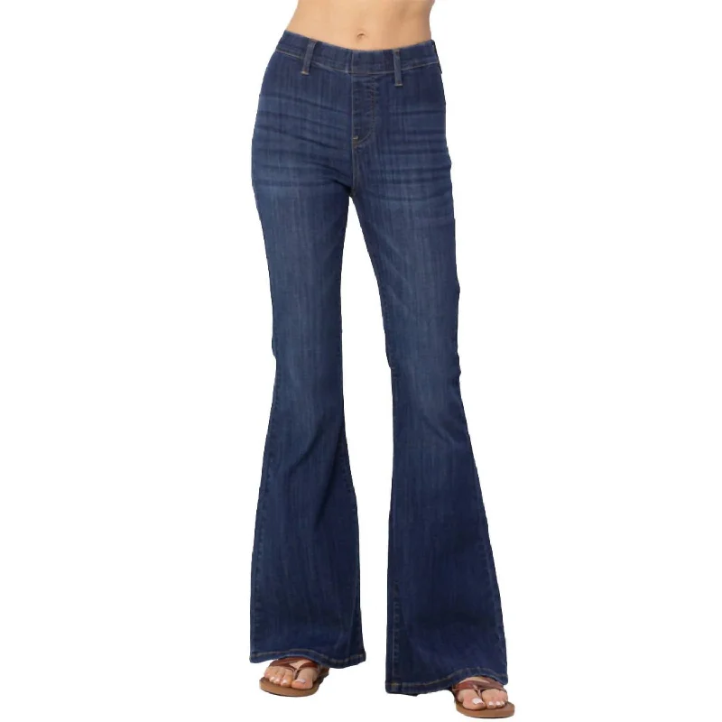 High Waist Pull On Flare Leg Jeans In Dark Wash