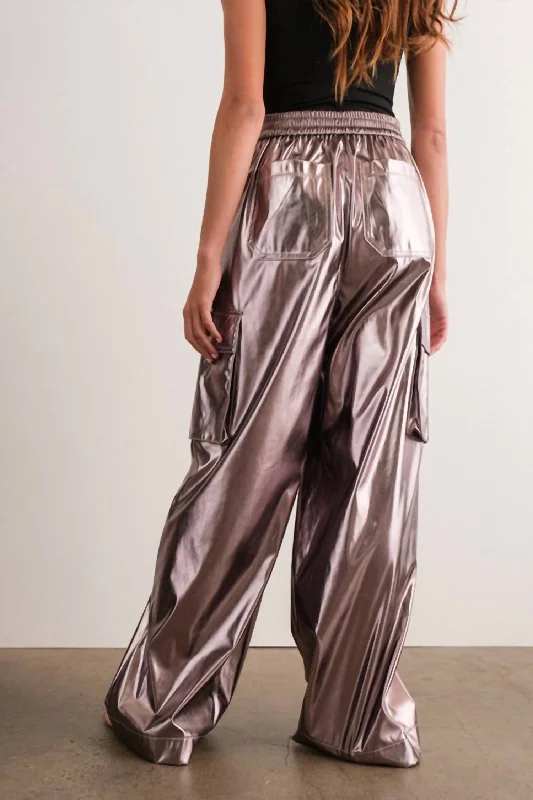 Steals and Deals Mabel Wide-Leg Metallic Cargo Pants In Silver
