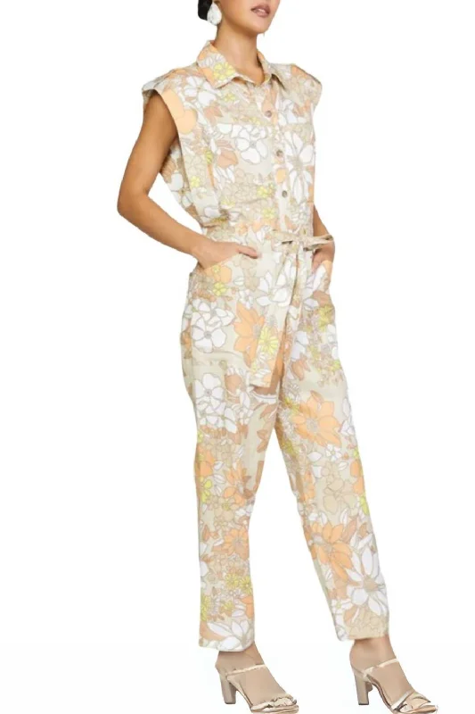 Flash Sale Sleeveless Utility Button Down Jumpsuit In Floral Sand