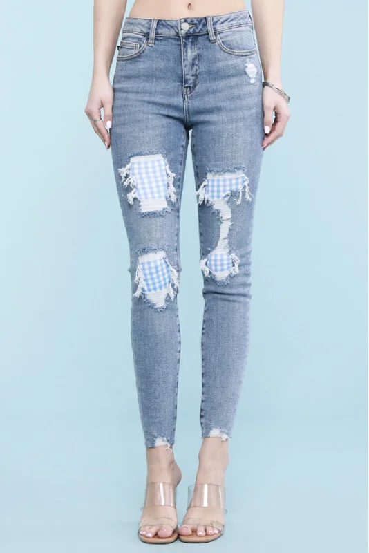 Super Sale Sweet Summer Skinny Jeans In Blue Gingham Patch
