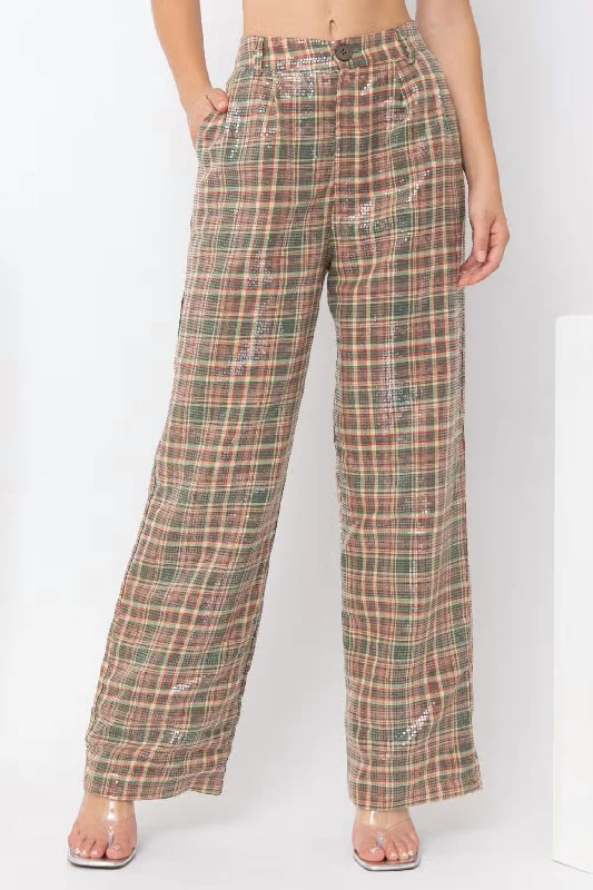 Price Meltdown That's A Wrap Sequin Plaid Pants In Brown Multi