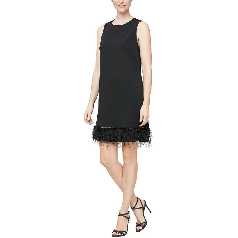 Alex & Eve Womens Embellished Feather Trim Shift Dress