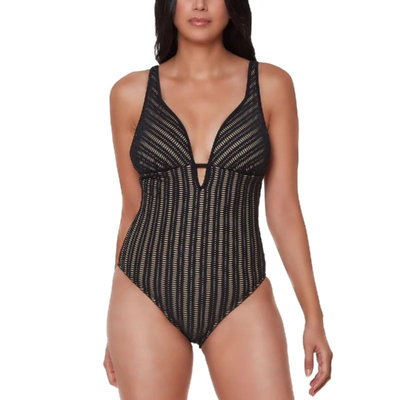 Bar III Womens Crochet Plunging One-Piece Swimsuit