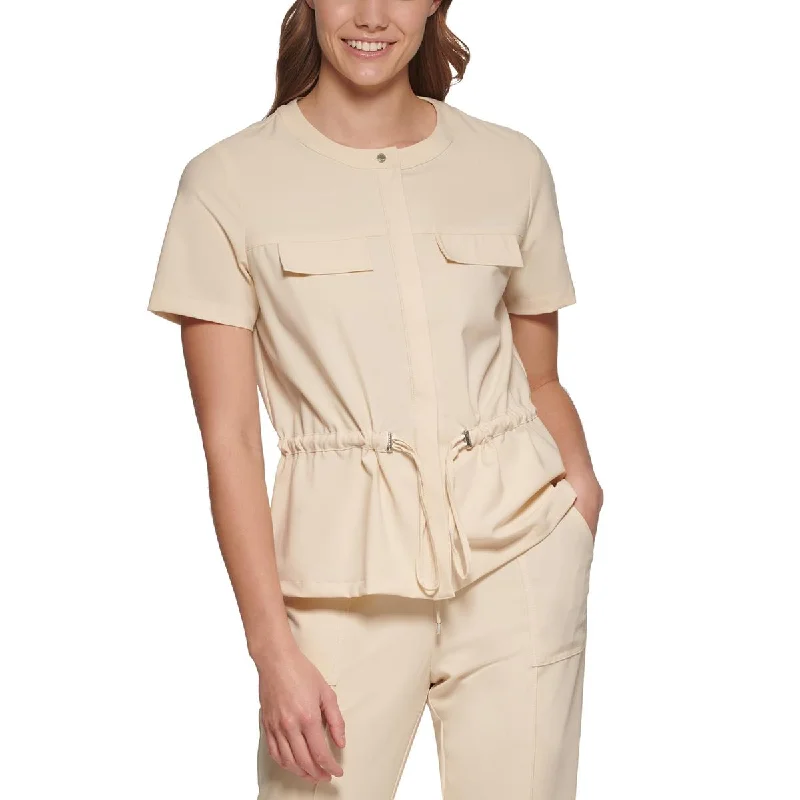 Calvin Klein Womens Drawstring Waist Short Sleeve Button-Down Top