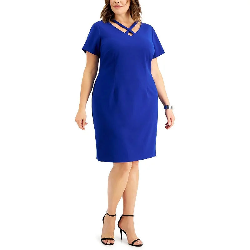 Connected Apparel Womens Plus Cross-Front Knee Sheath Dress