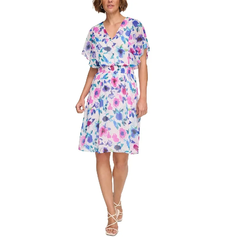 DKNY Womens Smocked Waist Floral Fit & Flare Dress