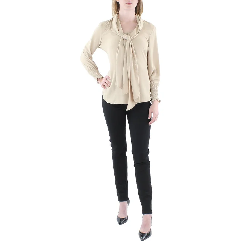 Exclusive Preview Anne Klein Womens Smocked Cuff Tie Neck Blouse