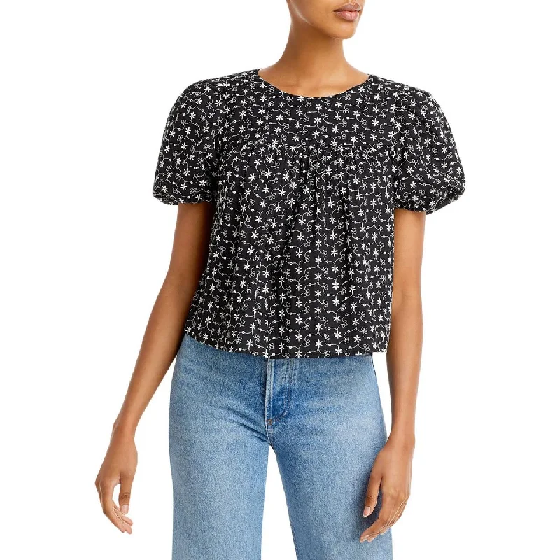 New Deals Aqua Womens Embroidered Eyelet Blouse