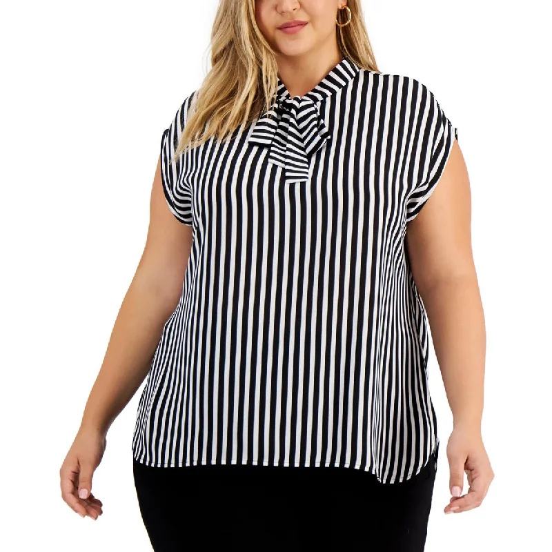 Fantastic Deals Bar III Womens Plus Striped Tie-Neck Shell