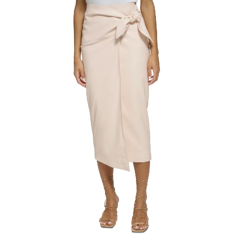 Markdown Madness Donna Karan Womens Vegan Leather Bow Midi Skirt