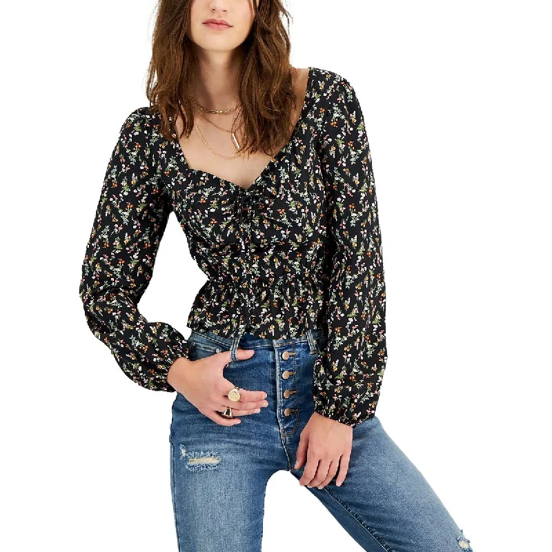 Super Bargain Kingston Grey Womens Juniors Floral Puff Sleeve Peplum Top