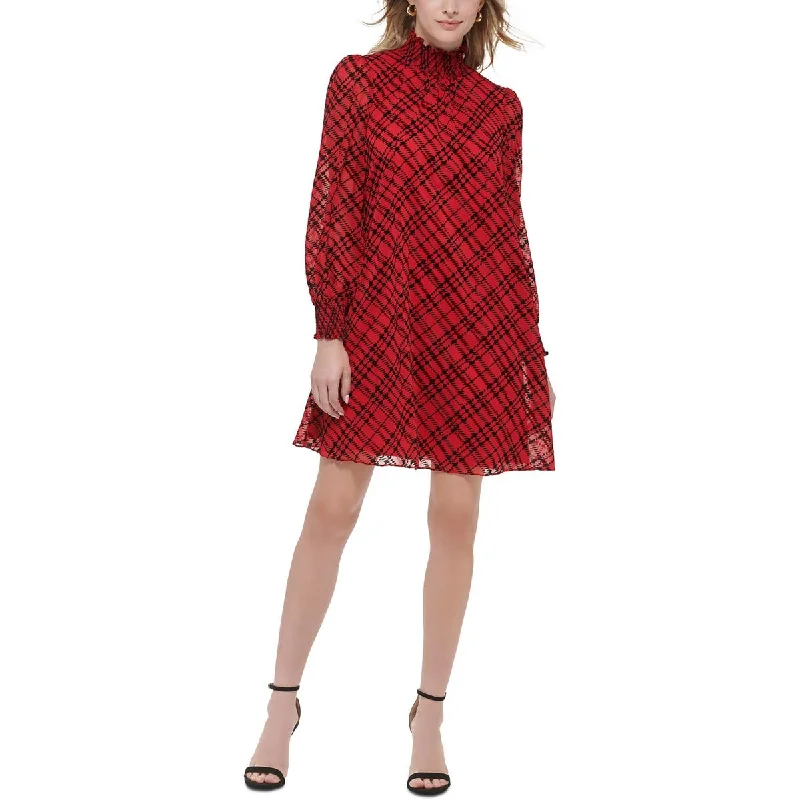 Shop and Save Tommy Hilfiger Womens Petites Flocked Plaid Mini Dress