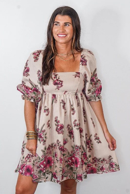 Deal of the Week Floral Bouquet Beige Babydoll Dress