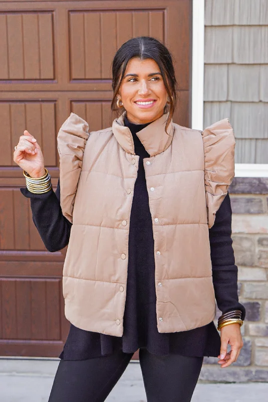 Ruffled Puffer Caramel Quilted Vest