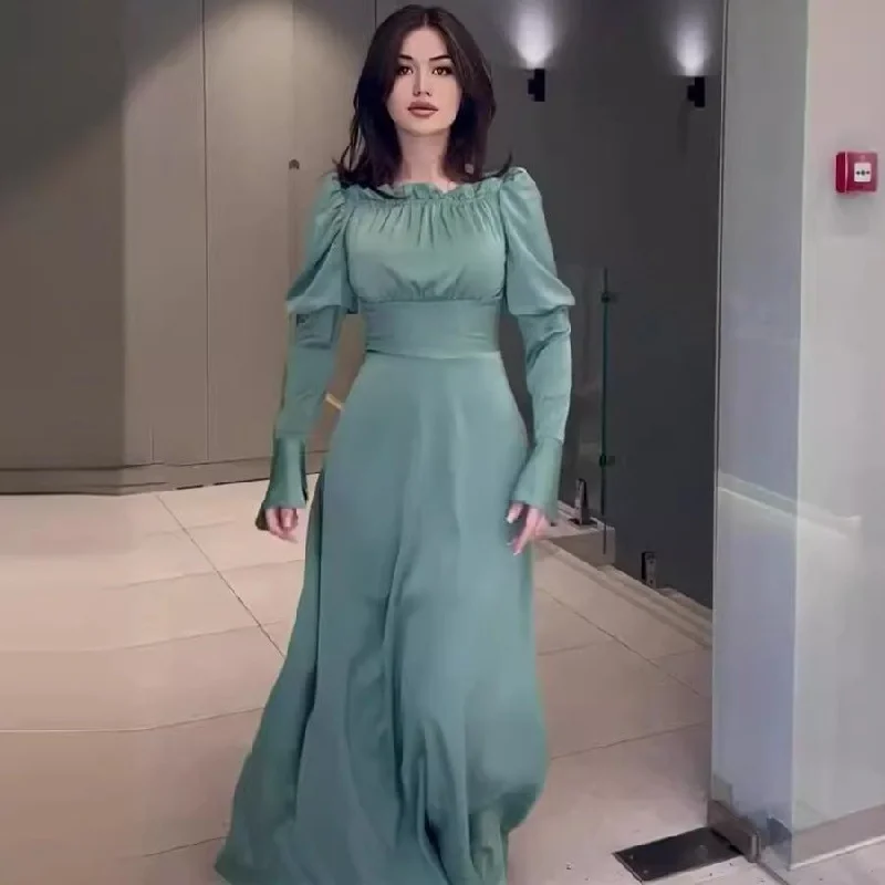 Clearance Event Bubble Collar Wooden Ear Waist Tight Solid Color Long Sleeve Dress