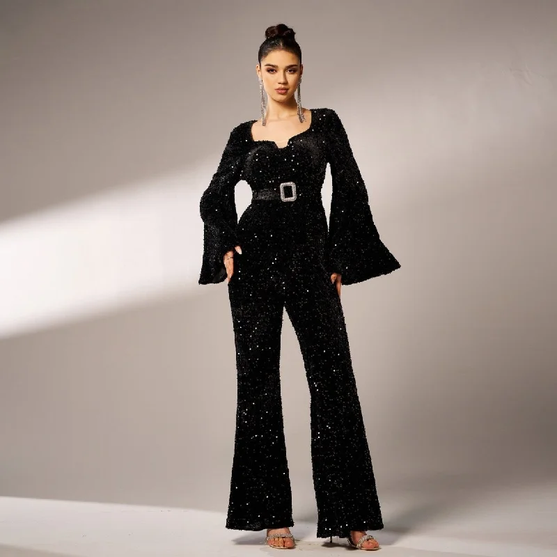 Price Cut Long Sleeve Square-neck Slim-fit Sheath Banquet Sequined Jumpsuit