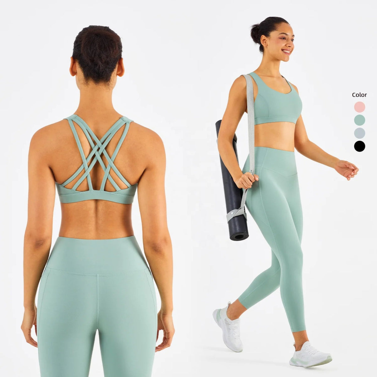 While Supplies Last Women Yoga Set: High Waist Gym Bra & Sport Pants Set, MOQ: 1 Set, Fabric Options: Nylon/Spandex Blends | WX1433-CK1427