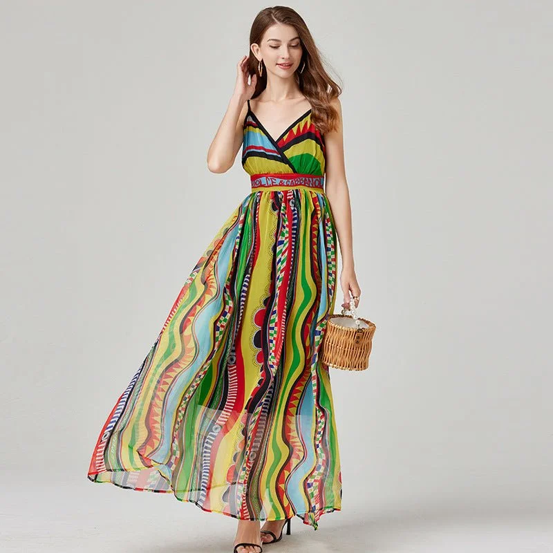 Low Prices Women's High Waist Dress with Printed Pattern and Elegant Sling Chiffon
